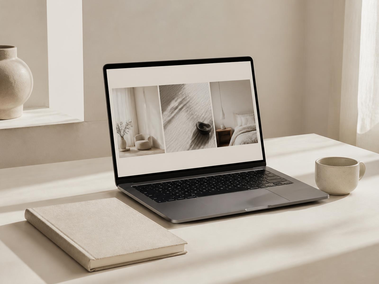 Clean, modern website design shown on a laptop in a bright workspace